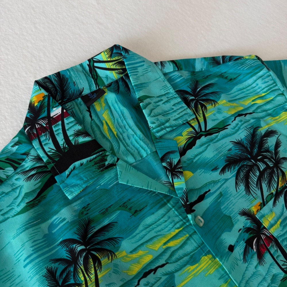 FC Tropical Hawaiian Shirt Mens Medium Teal Palm Tree Island Print Short Sleeve
